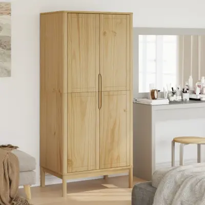 The Living Store Garderobna omara FLORO vošč. rjava 77x53x171 cm trdna borovina - Garderobna Omara