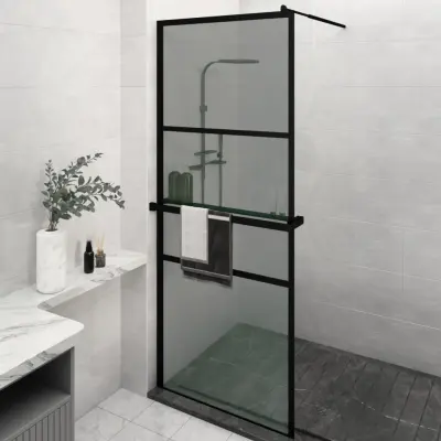 The Living Store Pregrada za tuš s polico črna 80x195 cm ESG steklo in aluminij - Stena Za Tuš