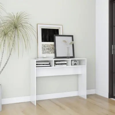 The Living Store Konzolna mizica visok sijaj bela 105x30x80 cm iverna plošča - Konzolna Mizica