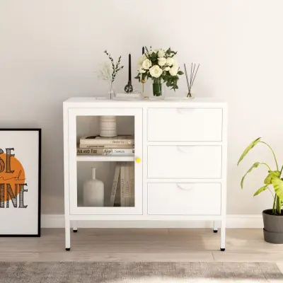 The Living Store Komoda bela 75x35x70 cm jeklo in kaljeno steklo - Komoda