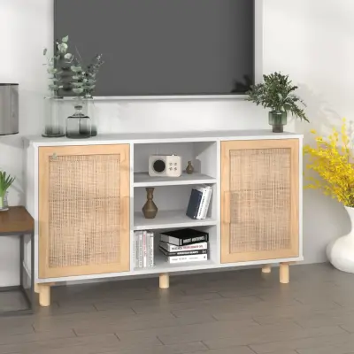 The Living Store Komoda bela 105x30x60 cm trdna borovina in naravni ratan - Komoda