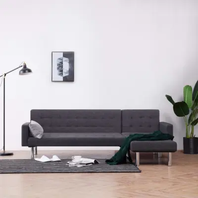 The Living Store Kavč z ležiščem L-oblike temno siv poliester - Raztegljiv Kavč