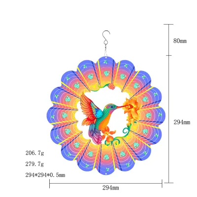 3D Kinetic Wind Spinner - vijolična in oranžna šarenica ter dizajn kolibrija