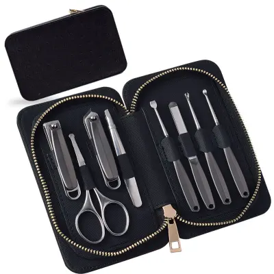 8-delni set za striženje nohtov s črnim ovitkom iz kameljega usnja Black