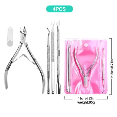 Set za manikuro (4 kosi) - ščipalnik za obnohtno kožico, potisnik, odstranjevalec in pinceta Silver