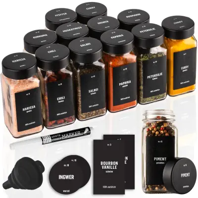 Komplet 12 kozarčkov za začimbe Deco Haus s črnimi pokrovčki iz nerjavečega jekla– nalepke, lijak, krtačka, marker – 120 ml, 10,5 x 4,3 cm