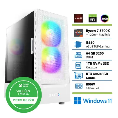 BOFX VOLANTIS WHITE R7-5700X 64GB 1TB RTX4060 W11H gaming namizni računalnik