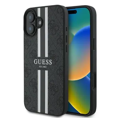 GUESS OVITEK 4G PRINTED STRIESES ZA MAGSAFE ZA IPHONE 16 PLUS ČRN