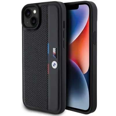 OVITEK BMW PERFORATED TRICOLOR LINE CASE ZA IPHONE 15 PLUS ČRN