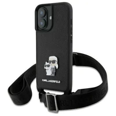 KARL LAGERFELD SAFFIANO OVITEK KOVINSKI PINČKI KARL&CHOUPETTE ZA IPHONE 16 ČRN