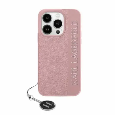 KARL LAGERFELD SAFFIANO RHINESTONES & CHARM OVITEK ZA IPHONE 15 PRO ROZA