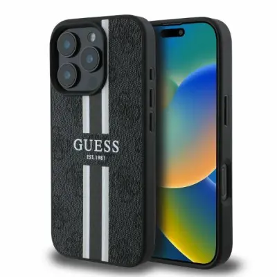 GUESS OVITEK 4G PRINTED STRIESES ZA MAGSAFE OVITEK ZA IPHONE 16 PRO ČRN