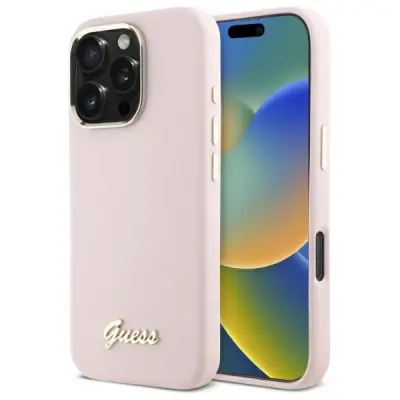 GUESS OVITEK S SILIKONSKIM PISOM KOVINSKI LOGO IN OKVIR ZA IPHONE 16 PRO MAX ROZA