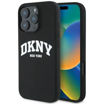 DKNY SILIKONSKI OVITEK Z BELIM POTISKOM LOGO ZA MAGSAFE ZA IPHONE 16 PRO