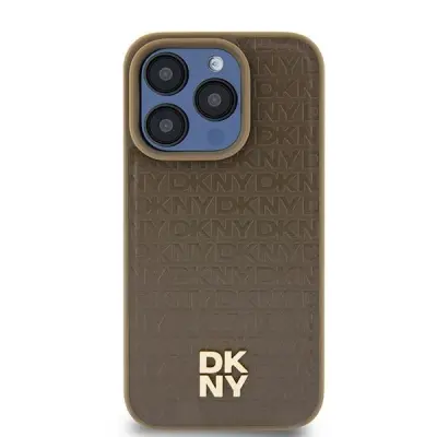 ETUI DKNY LEATHER PATTERN METAL LOGO MAGSAFE NA IPHONE 15 PLUS / 14 PLUS - BRĄZOWE