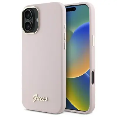 GUESS SILIKONSKI OVITEK S SPISO KOVINSKI LOGO & OKVIR ZA IPHONE 16 ROZA