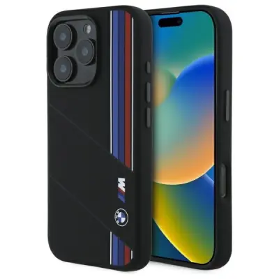 BMW SILIKONSKI OVITEK CUT TRICOLOR LINES ZA MAGSAFE ZA IPHONE 16 PRO ČRN