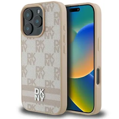 OVITEK DKNY S KARIRANIM VZORCEM IN POTISKANIMI ČRTAMI ZA IPHONE 16 PRO MAX ROZA