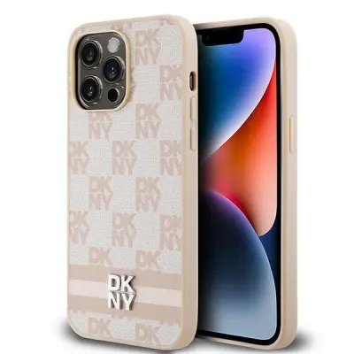 DKNY USNJEN OVITEK V KARIRANEM MONO VZORCU ZA IPHONE 14 PRO MAX ROZA