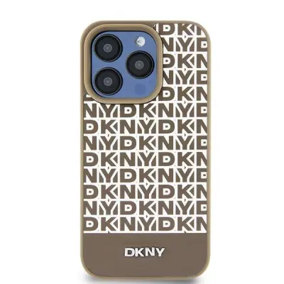 ETUI DKNY LEATHER PRINTED PATTERN METAL LOGO MAGSAFE NA IPHONE 15 / 14 / 13 - BRĄZOWE