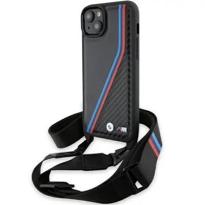 OVITEK BMW M EDITION CARBON TRICOLOR LINES & STRAP CASE ZA IPHONE 15/14/13 ČRN