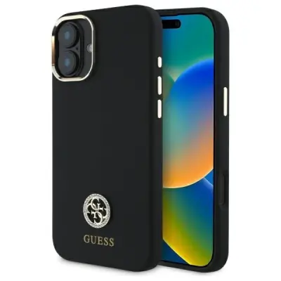 OVITEK GUESS SILIKONSKI LOGO STRASS OVITEK ZA IPHONE 16 ČRN