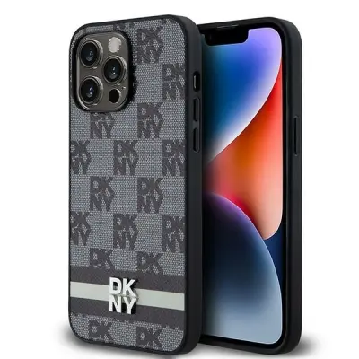 DKNY USNJEN OVITEK V KARIRANEM MONO VZORCU ZA IPHONE 14 PRO MAX ČRN