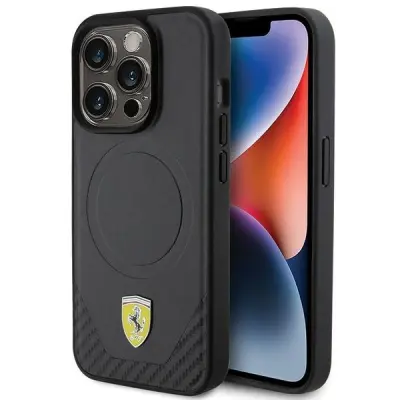 FERRARI CARBON METAL LOGO OVITEK ZA MAGSAFE ZA IPHONE 15 PRO ČRN