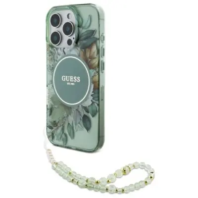 OVITEK GUESS IML FLOWERS WITH PEARL STRAP ZA MAGSAFE ZA IPHONE 16 PRO ZELEN