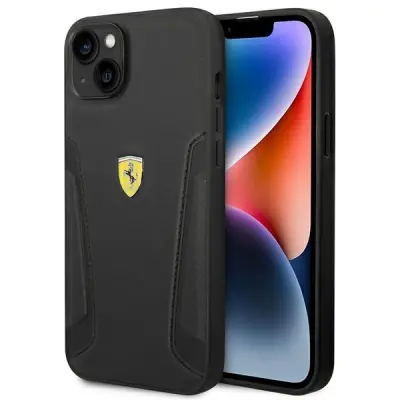 FERRARI USNJENI OVITEK STAMP SIDES CASE ZA IPHONE 14 PLUS ČRN