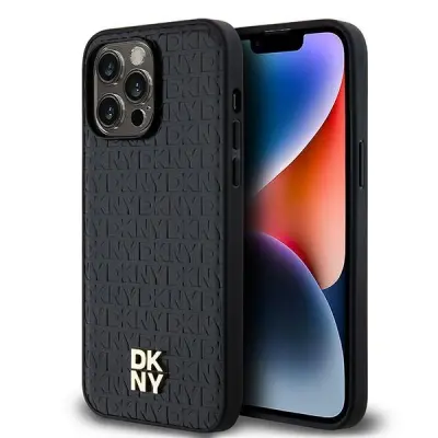 DKNY USNJENI OVITEK Z VZORECEM KOVINSKI LOGO ZA MAGSAFE ZA IPHONE 13 PRO MAX - ČRN