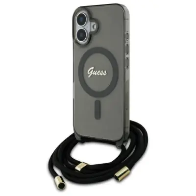 GUESS OVITEK CROSSBODY CORD SCRIPT CASE ZA MAGSAFE ZA IPHONE 16 ČRN OVITEK