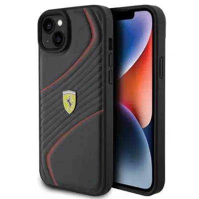 FERRARI TWIST METAL LOGO CASE OVITEK ZA IPHONE 15 PLUS ČRN