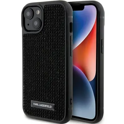 KARL LAGERFELD RHINESTONE LOGO KOVINSKA PLOČICA OVITEK ZA IPHONE 15 ČRNA