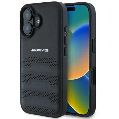 AMG AMHCP16SGSEBK IPHONE 16  6.1 CZARNY/BLACK HARDCASE LEATHER DEBOSSED LINES BLACK LOGO