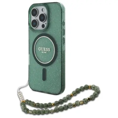 GUESS IML OVITEK Z BLEŠČICAMI S PAŠKOM PEARL MAGSAFE ZA IPHONE 16 PRO MAX ZELEN