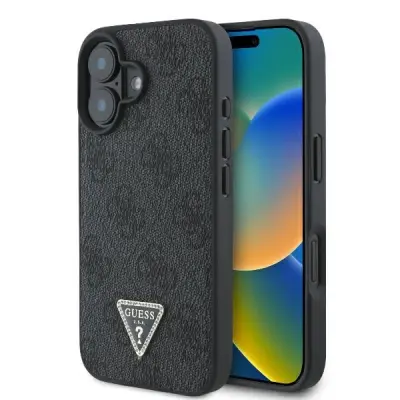 GUESS USNJEN OVITEK 4G TRIKOTNIK STRASS ZA MAGSAFE ZA IPHONE 16 PLUS ČRN