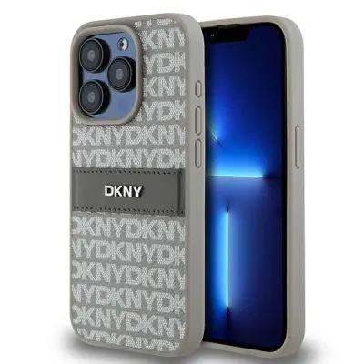 DKNY USNJENI OVITEK MONO S STRIPE & METAL LOGO ZA IPHONE 15 PRO MAX BEŽ