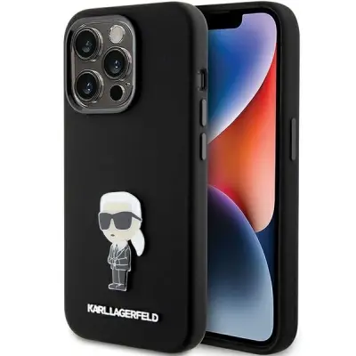 KARL LAGERFELD SILIKONSKI OVITEK IKONIK METAL PIN ZA IPHONE 15 PRO ČRN