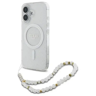 OVITEK Z BLEŠČICAMI GUESS IML S PAŠKOM MAGSAFE ZA IPHONE 16 PLUS PROZOREN