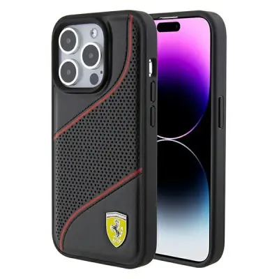 OVITEK FERRARI PERFORATED WAVES METAL LOGO ZA IPHONE 15 PRO - ČRN