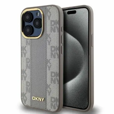 DKNY USNJEN OVITEK S KARIRASTIM MONO VZORECEM ZA MAGSAFE ZA IPHONE 15 PRO BEŽ