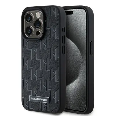 ETUI KARL LAGERFELD USNJENI MONOGRAM KOVINSKI LOGO ZA IPHONE 15 PRO MAX ČRN