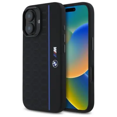 BMW SILIKONSKI OVITEK HEXAGON BLUE LINE ZA MAGSAFE ZA IPHONE 16 - ČRN