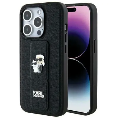 OVITEK KARL LAGERFELD GRIPSTAND SAFFIANO ZA IPHONE 14 PRO ČRN