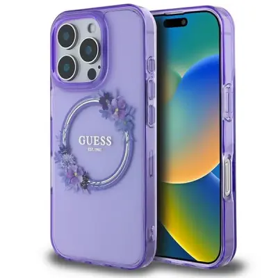 OVITEK GUESS IML FLOWERS WREATH ZA IPHONE 16 PRO MAX VIJOLIČEN