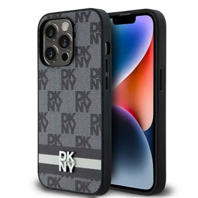 DKNY USNJEN OVITEK V KARIRANEM MONO VZORCU ZA IPHONE 14 PRO ČRN