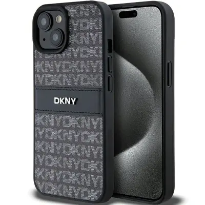 ETUI DKNY LEATHER MONO STRIPE & METAL LOGO NA IPHONE 15 PLUS / 14 PLUS - CZARNE