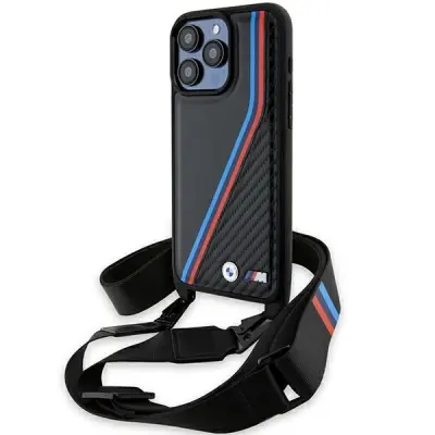 OVITEK BMW M EDITION CARBON TRICOLOR LINES & STRAP CASE ZA IPHONE 15 PRO ČRN