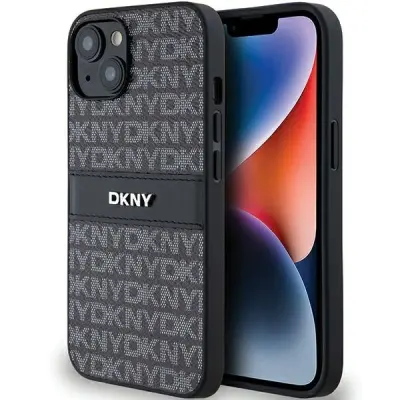 DKNY USNJENI MONO STRIPE & METAL LOGO OVITEK ZA IPHONE 15 14 13 ČRN